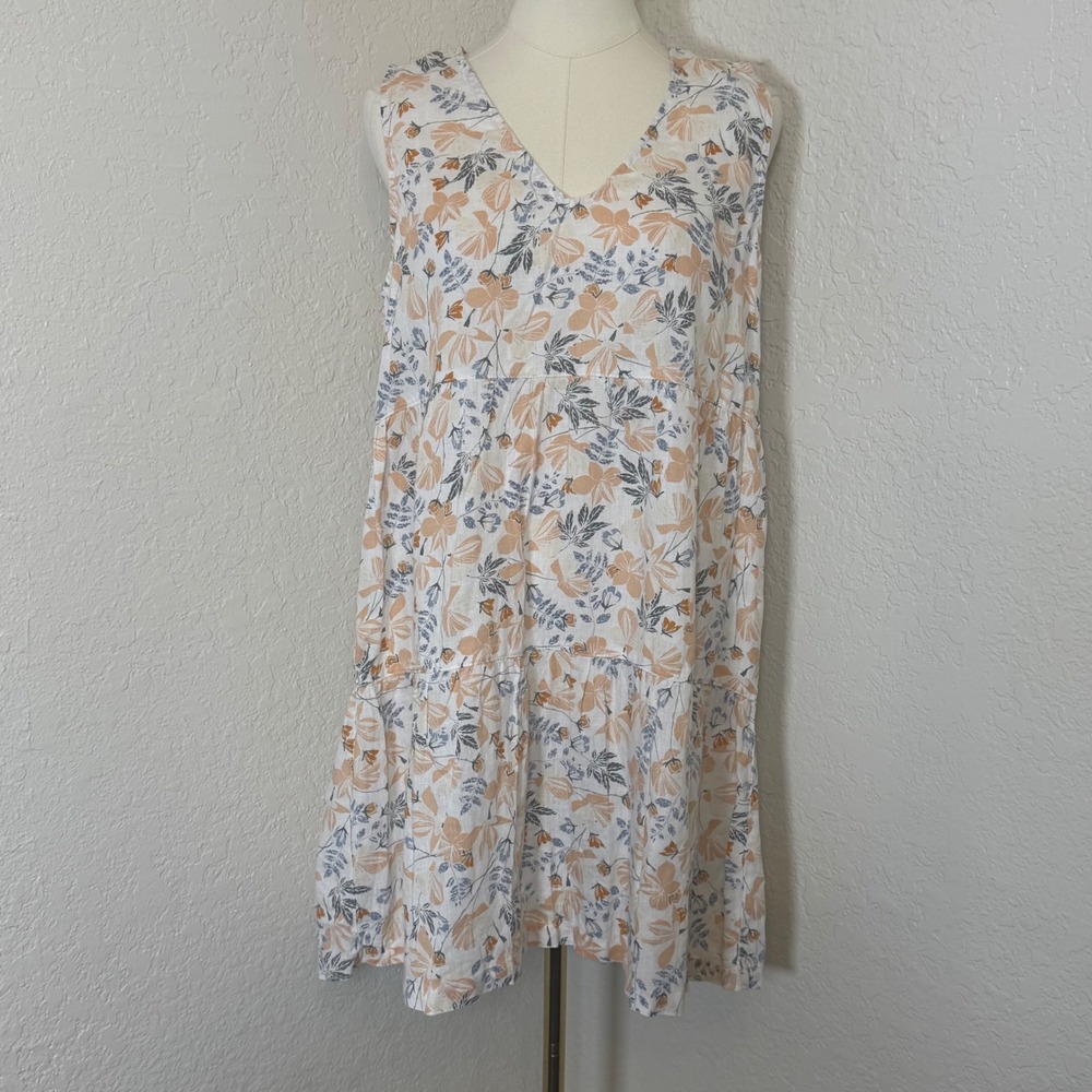 Dress Joie Womens Medium White Floral Linen Sleeveless V-Neck Tiered Boho Summer